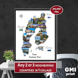 May include: A framed wall art print featuring a map collage of Sweden, Finland, and Estonia. The map contains multiple small landscape photographs within the country borders, accompanied by national flags, a compass rose, and text labels.