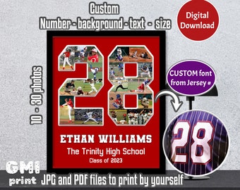 Collage de fotos deportivas con cualquier número, regalo para la noche de béisbol de los seniors, collage de fotos con números, regalo para jugadores de baloncesto, regalo para jugadores de fútbol con números de camiseta, digital