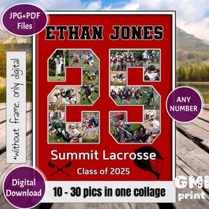 May include: A red and black lacrosse jersey with the name "ETHAN JONES" and the number "25" on the front. The jersey has a collage of lacrosse players on it. The text "Summit Lacrosse" and "Class of 2025" is printed below the number. The text "ANY NUMBER" is printed in a purple circle in the upper right corner. The text "10-30 pics in one collage" is printed at the bottom of the jersey.