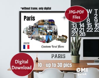 Paris Fotocollage, jede Stadt KARTE Collage, Hochzeitsfotogeschenk, Frankreich Flitterwochen Foto, Reisefotocollage, Personalisierungsgeschenk, DIGITAL