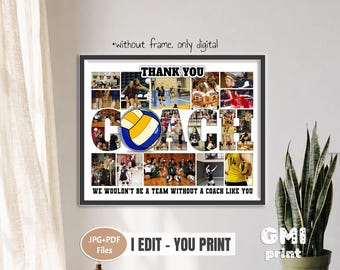 Pode incluir: Uma impressão digital de colagem de fotos de agradecimento a um treinador de voleibol com o texto THANK YOU COACH e WE WOULDN'T BE A TEAM WITHOUT A COACH LIKE YOU. O design incorpora várias fotos de ação de jogadores e uma bola.