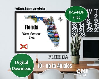 Florida Photo Collage, USA State Photo Gift, Wedding Gift, Vacation Map Art, Florida State, Travel Collage, Personalization Gift, DIGITAL