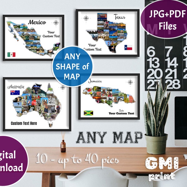 Any Map Photo Collage, Any USA State MAP, Wedding Gift, Vacation Collage, Honeymoon Photo Gift, Custom Travel Collage, Home Decor, DIGITAL