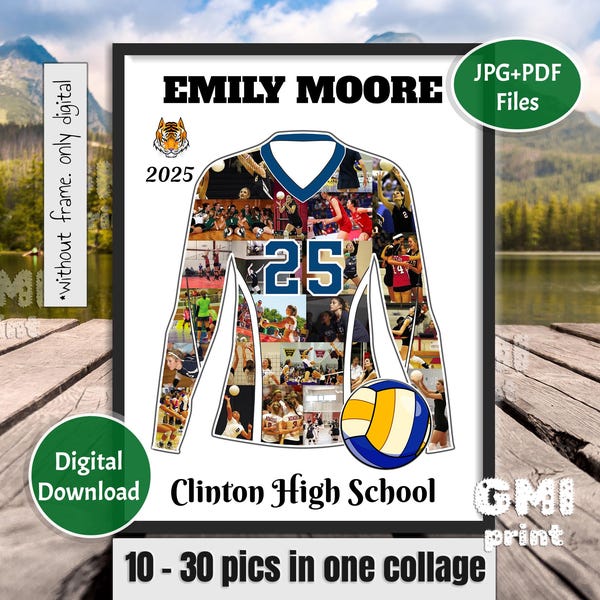 Kolaż sportowy z siatkówki, kolaż z koszulki gracza, prezent sportowy z siatkówki, prezent dla gracza, prezent na wieczór seniora, spersonalizowany prezent ze zdjęciem, cyfrowy