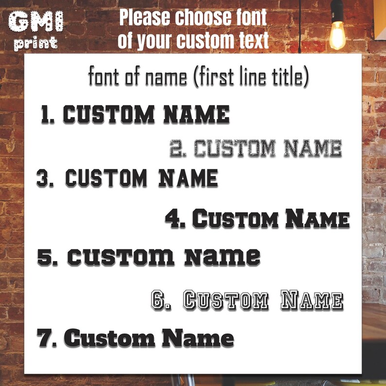 May include: A white background with black text showing seven different font options for a custom name. The text reads: "Please choose font of your custom text font of name (first line title) 1. CUSTOM NAME 2. CUSTOM NAME 3. CUSTOM NAME 4. CUSTOM NAME 5. CUSTOM Name 6. CUSTOM NAME 7. Custom Name"