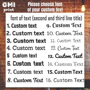 May include: A brick wall background with a list of 16 different font styles for custom text. The text reads: "Please choose font of your custom text font of text (second and third line title) 1. Custom text 9. Custom Text 2. Custom text 10. Custom Text 3. Custom text 11. Custom Text 4. Custom text 12. Custom Text 5 Custom text 13. Custom Text 6. Custom text 14. Custom Text 7. Custom text 15. Custom Text 8. Custom Text 16. Custom Text"