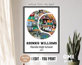 May include: A digital tennis photo collage print featuring multiple action shots arranged in a tennis ball shape. The text reads ADONNIS WILLIAMS, Florida High School, 2027. The design includes the note without frame, only digital and I EDIT - YOU PRINT.