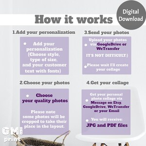 May include: A purple and white infographic explaining how to create a personalised photo collage. The steps include adding personalisation, choosing photos, sending photos, and getting the collage. The text includes the words "Digital Download", "GoogleDrive", "WeTransfer", "Message on Etsy", "JPG and PDF files".
