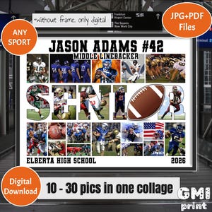 シニアフットボールフォトコラージュ、スポーツ選手へのギフト、選手へのカスタムギフト、フラッグフットボールシニアナイトギフト、印刷可能なチームコラージュデジタル