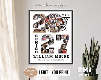 Puede incluir: Un póster de collage digital que presenta el texto 2027 con fotos de baloncesto dentro de los números, un gráfico de balón, una canasta y el texto #15, WILLIAM MOORE y The University of South Florida sobre un fondo blanco.