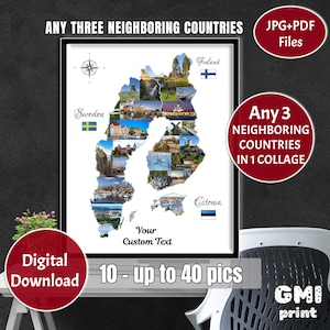 Beliebige drei Nachbarländer Karte Fotocollage, Hochzeitsgeschenk, Urlaub Collage, Flitterwochen Fotogeschenk, individuelle Reiseerinnerungen Geschenk DIGITAL
