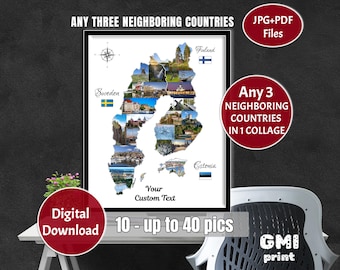 Any Three Neighboring Countries Map Photo Collage, Custom Travel Memories Gift, Vacation Wall Art, DIGITAL