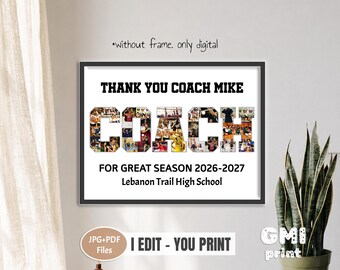 Pode incluir: Um cartaz digital com o texto THANK YOU COACH MIKE, FOR GREAT SEASON 2026-2027 e Lebanon Trail High School. A palavra COACH está preenchida com uma colagem de várias fotografias desportivas. O cartaz inclui o texto without frame, only digital.