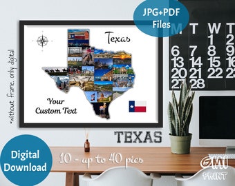 Texas State Photo Collage, State MAP Gift, Wedding Gift, USA Vacation, Texas Honeymoon Photo, Custom Travel Collage, Home Decor, DIGITAL