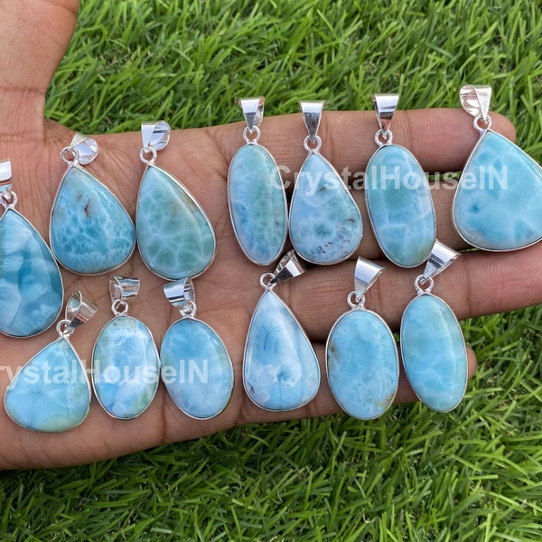 Chirstmas Sale!! Larimar Pendant, Natural Larimar Gemstone Bezel Pendant, Silver Plated Larimar Necklace Pendant Jewelry Lot