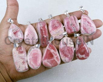 Best Offer !! Natural Pink Rhodochrosite Gemstone Bezel Pendant, Bezel Pendant Lot, Silver Plated, Mix Shapes & Size Rhodochrosite Pendant
