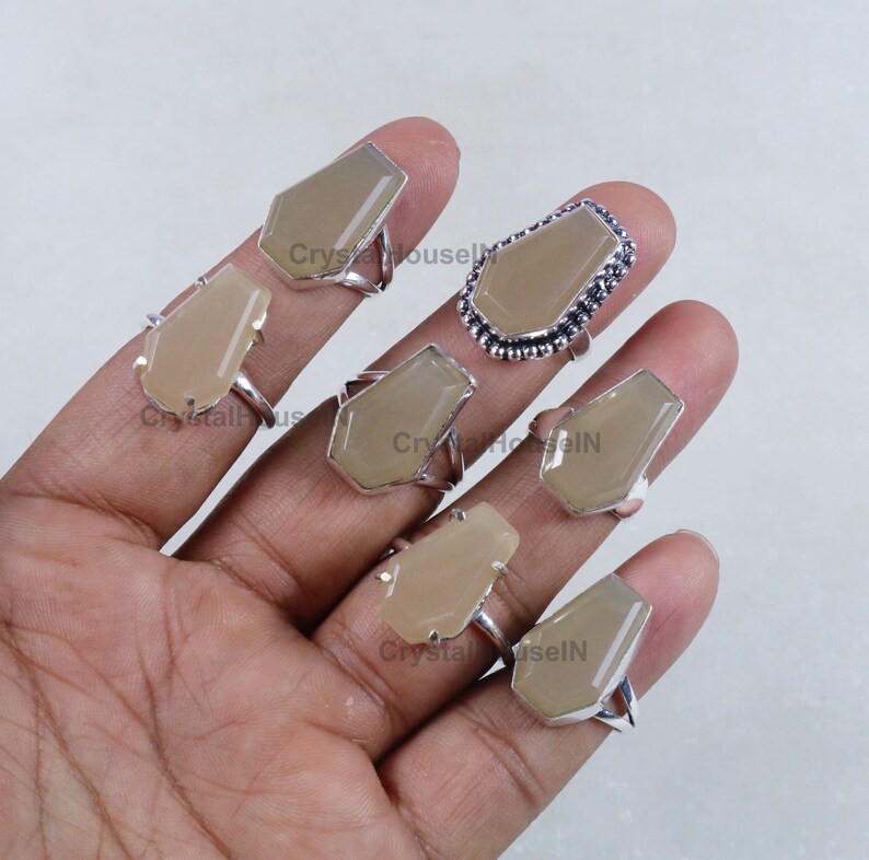 Women Gift Ring. Moonstone Faceted Ring Exclusive Arrive ! Silver Plated Rings Gray Moonstone Coffin Ring Coffin Shape Ring