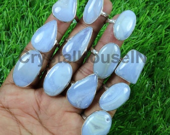 Wholesale Lot !! Natural Blue Lace Agate Bezel Rings, Blue Lace Agate Gemstone Bezel Rings, Blue Lace Agate Silver Plated Rings Jewelry