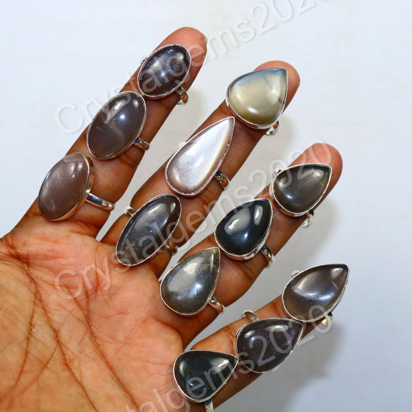Natural Black Moonstone Gemstone Ring, Moonstone 925 Silver Plated Bezel Rings Jewelry Size 6 To 10 / Adjustable