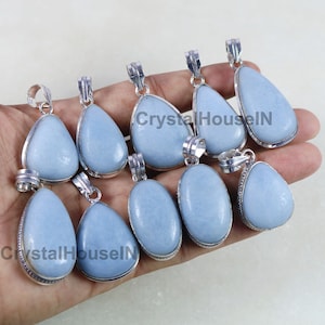 Natural Blue Angelite Gemstone Silver Plated Pendant, Exclusive Angelite Stone Silver Plated Necklace Pendant Jewelry