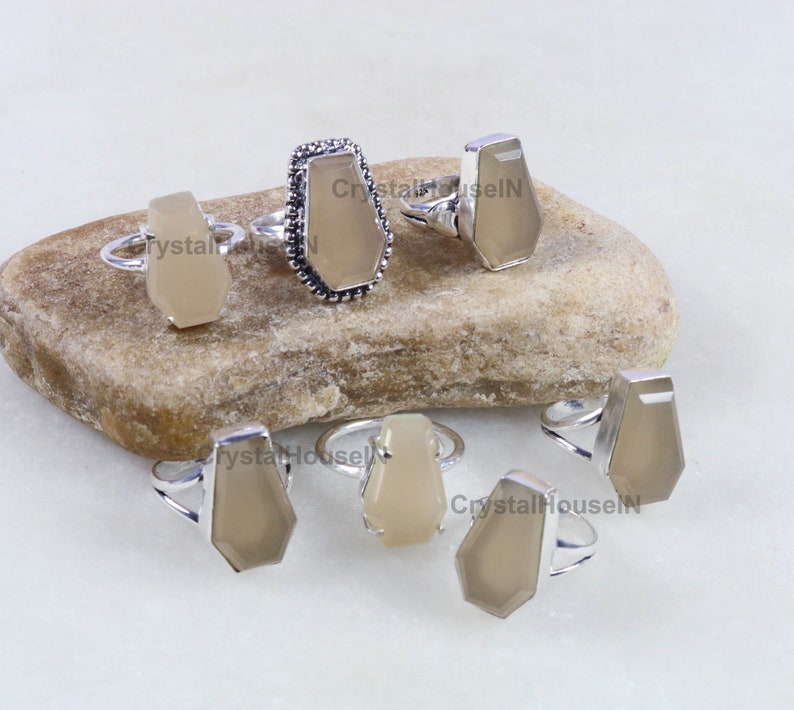 Women Gift Ring. Moonstone Faceted Ring Exclusive Arrive ! Silver Plated Rings Gray Moonstone Coffin Ring Coffin Shape Ring