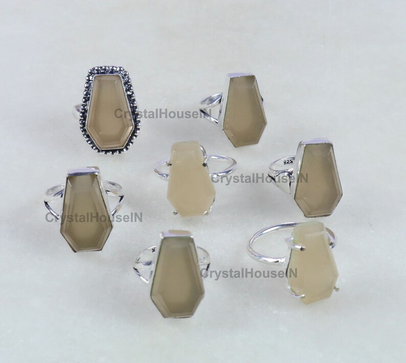 Women Gift Ring. Moonstone Faceted Ring Exclusive Arrive ! Silver Plated Rings Gray Moonstone Coffin Ring Coffin Shape Ring