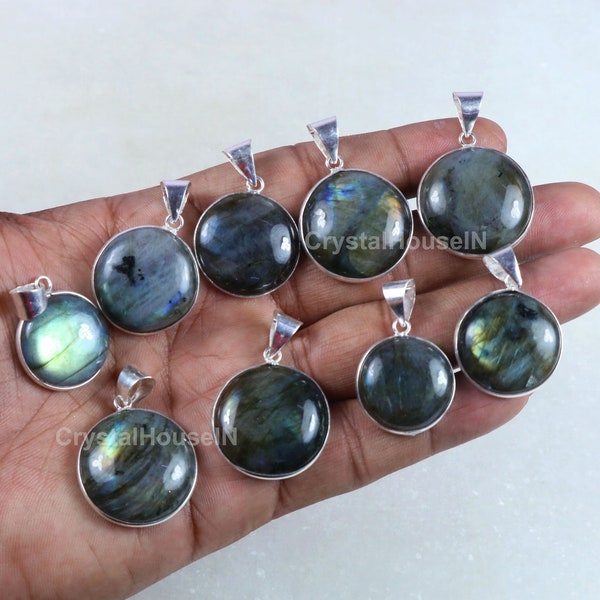 Nuova offerta !! Ciondolo con castone placcato argento in pietra preziosa naturale labradorite, gioielli con ciondolo collana a forma rotonda labradorite