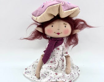 Little forest elf with mushroom hat, handmade rag doll with embroidered face and felt hair