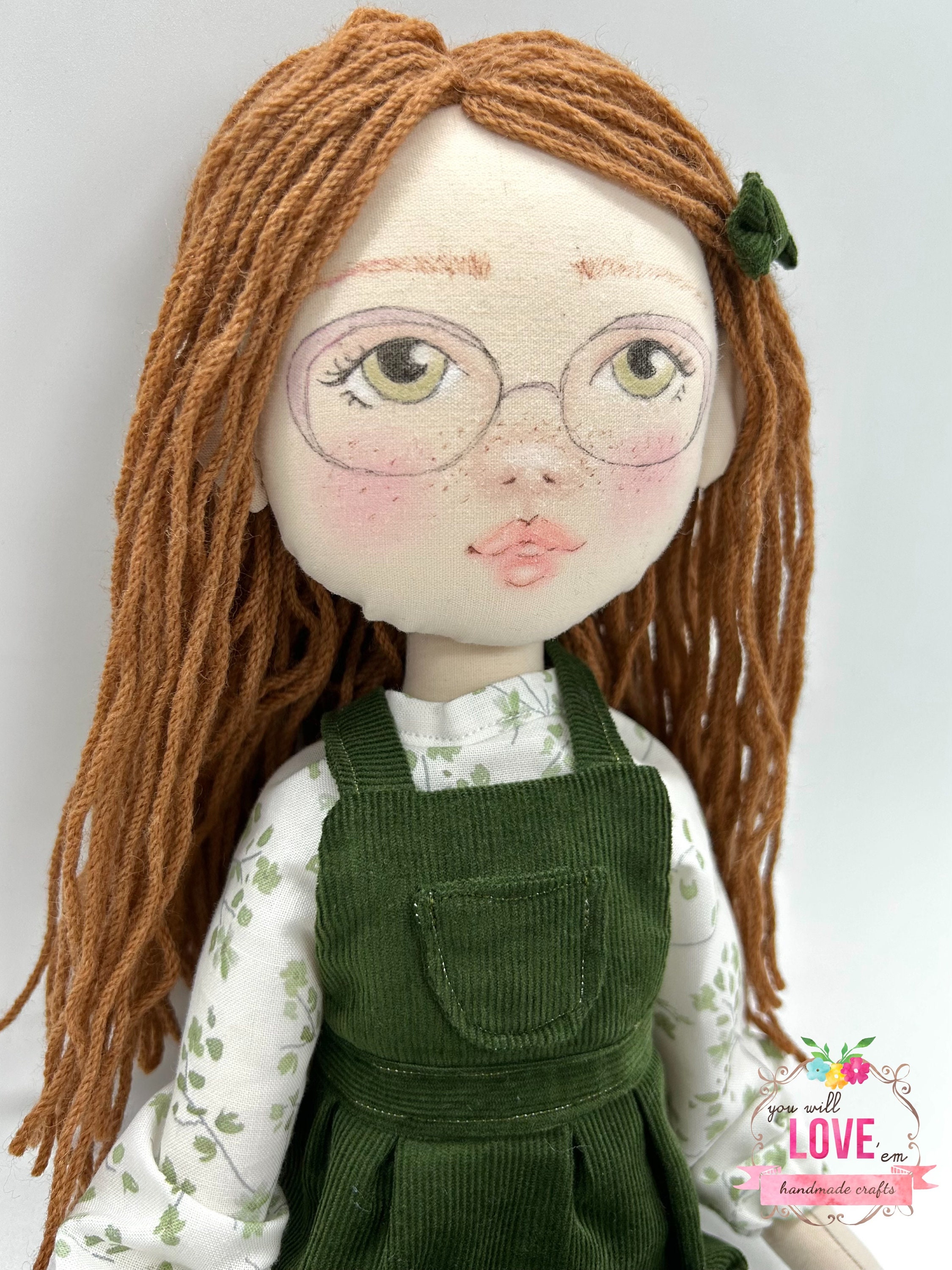 Red Hair Fabric Doll With Eye Glasses Rag Doll With Green Etsy