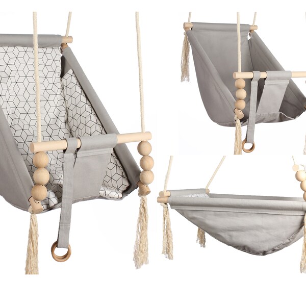 Schaukel, Balançoire, Baby hammock 3in1, Gray Kids swing, Toddler chair, Scandinavian style indoor/outdoor. Birthday Gift. 100% Hand Made