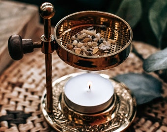 Incense Resin Burner / Diffuser - brass & nickel adjustable grain burner, comes with frankincense resin and tea light candle