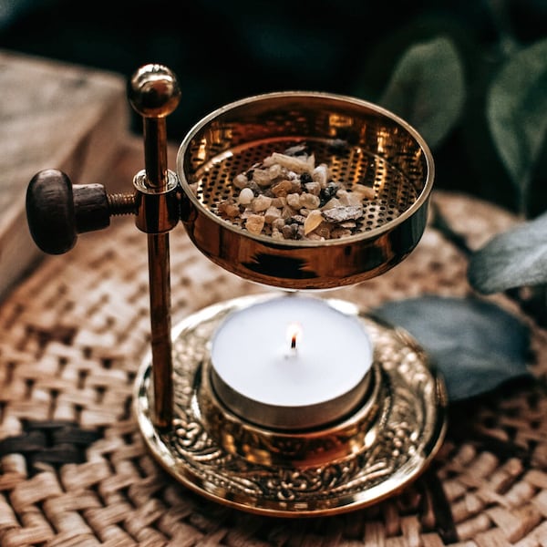Incense Resin Burner / Diffuser - brass & nickel adjustable grain burner, comes with frankincense resin and tea light candle
