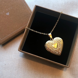 Gold Medaillon Herz, Halskette, Kette, Medaillon, Herz, Gold, Geschenk, Freunde, Partner, Floral, Gravur, Foto, Bild, Medaillon Gold Bild 1