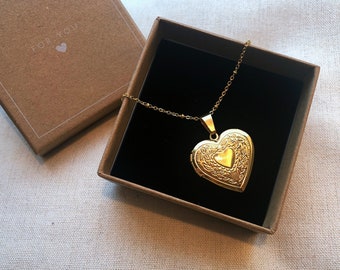 Gold Medaillon Herz, Halskette, Kette, Medaillon, Herz, Gold, Geschenk, Freunde, Partner, Floral, Gravur, Foto, Bild, Medaillon Gold