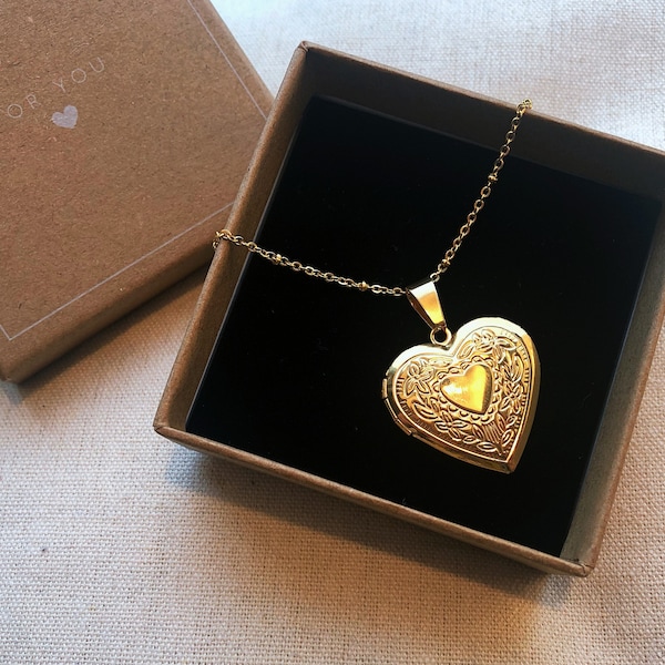 Gold Medaillon Herz, Halskette, Kette, Medaillon, Herz, Gold, Geschenk, Freunde, Partner, Floral, Gravur, Foto, Bild, Medaillon Gold