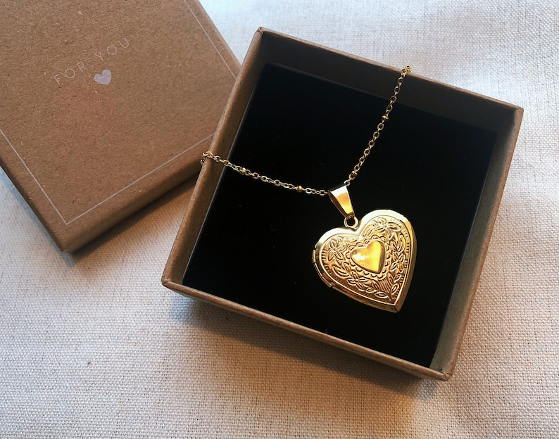 Gold Medaillon Herz, Halskette, Kette, Medaillon, Herz, Gold, Geschenk, Freunde, Partner, Floral, Gravur, Foto, Bild, Medaillon Gold Bild 1