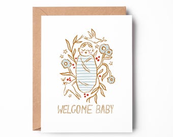 Welcome Baby Card: handgetekende inbakerdoek met bloemen