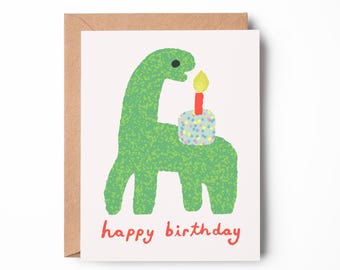 Carte d'anniversaire dinosaure : dinosaure vert avec gâteau, carte animal pour enfants
