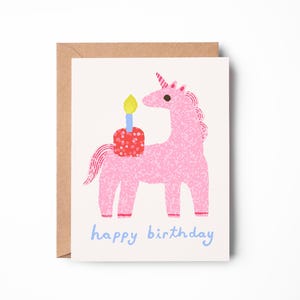 Linda tarjeta de cumpleaños de unicornio rosa / Unicornio con pastel / Tarjeta de cumpleaños infantil de animales