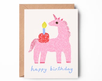 Linda tarjeta de cumpleaños de unicornio rosa / Unicornio con pastel / Tarjeta de cumpleaños infantil de animales