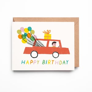 Alles Gute zum Geburtstag Karte | Retro Auto mit Luftballons & Geschenk | Spaß illustrierte Geburtstagskarte