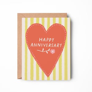 Tarjeta de feliz aniversario / Gran corazón rojo con rayas amarillas / Tarjeta de amor brillante y audaz