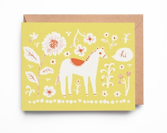 Folk Art Horse Greeting Card: Floral 'Hi' Card