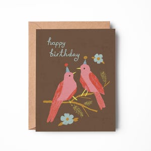 d'anniversaire pour les amoureux des oiseaux | Oiseaux fêtards dessinés à la main avec chapeaux | Carte d'anniversaire amusante inspirée de la nature