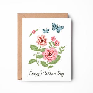 Happy Mother’s Day Card | Pink Flowers & Blue Butterflies | Floral Greeting Card for Mom