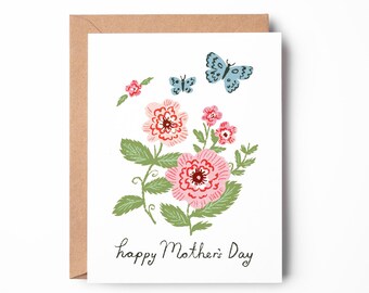 Happy Mother’s Day Card | Pink Flowers & Blue Butterflies | Floral Greeting Card for Mom