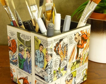 One-of-a-kind Upcycled Vintage "Inferno" Comic Large Pen / Pencil / Brushes Holder Desk Tidy -