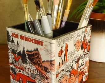One-of-a-kind Upcycled Vintage "Joe Innocent" Comic Large Pen / Pencil / Brushes Holder Desk Tidy -