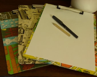 Upcycled Vintage Paper A4 Size Clipboard with hanging hook - vintage desgn - Meccano, DIY, Paris Map