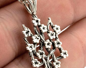 Sterling Silver Ukraine Trident Necklace, Floral Twig Pendant, Patriotic Jewelry